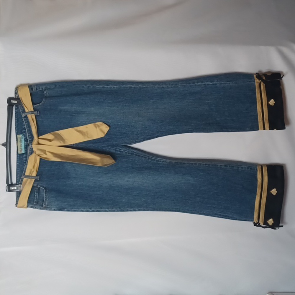 Straight Leg Women's Denim Jeans with Gold Trim and Satin Tie